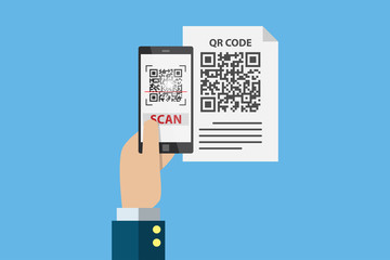 business hand holding smartphone to scan qr code on paper for detail, technology and business concept