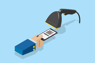 barcode scanner scanning qr code on smartphone for e-payment, technology and business concept