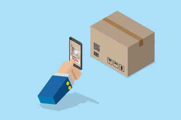 isometric business hand holding smartphone to scan qr code on box for detail of merchandise, technology and business concept