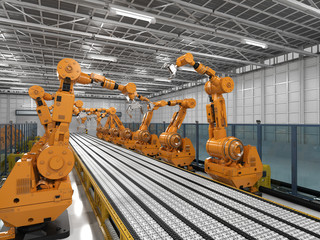 robot arms with conveyor line