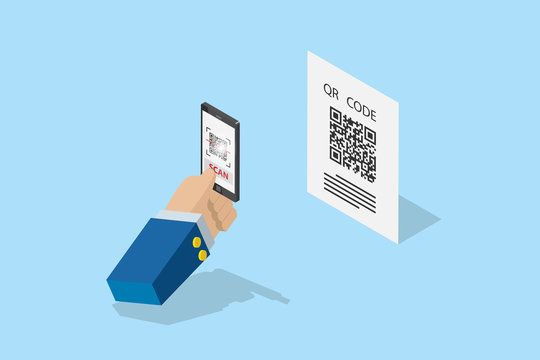 isometric business hand holding smartphone to scan qr code for detail, technology and business concept