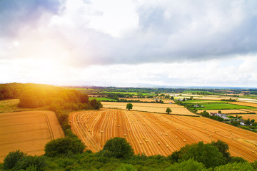 Countryside landscape with meadow and sky. Hay bales or straw on agricultural fields. Rural nature...