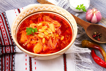 Borsht, bortsch, borshch, borscht. Soup, associated with cuisine of Ukraine, Russia and Poland, horizontal