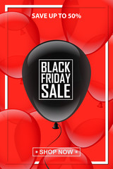 Black balloon with Black Friday Sale text on red balloons background. Vector vertical Black Friday template.
