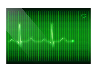 Naklejka premium Green line heart rate on the screen. Vector electrocardiogram background.