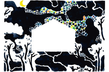 Obraz premium 天の川の下の家