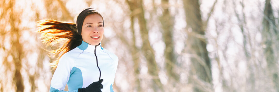 Winter Run Exercise Woman Running In Park Banner. Fit Runner Athlete Panorama Training In Forest Cold Weather