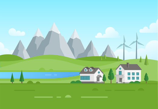 Housing estate with windmills by the lake - modern vector illustration