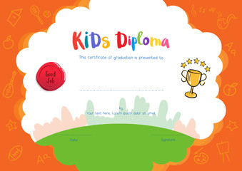 Kids Diploma or certificate template with hand drawing cartoon style background