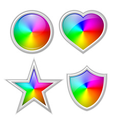 Colorful gradient icons or badges made of rainbow spectral colors placed on white background