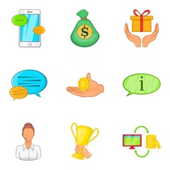 Mobile banking support icon set, cartoon style