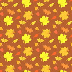 Naklejka na ściany i meble Fall season seamless pattern with leafs on brown background vector illustration
