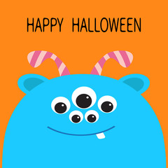 Happy Halloween card. Monster head silhouette with ears, tooth and horns. Blue color. Funny Cute cartoon character. Baby collection. Isolated. Flat design. Orange background.