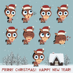 Merry Christmas and Happy New Year! Set funny horse in various poses for christmas decoration and design. Collection isolated horse in cartoon style.
