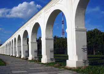Old colonnade on the shore of Volkhov River, Veliky Novgorod, Russia