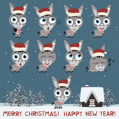 Merry Christmas and Happy New Year! Set funny donkey in various poses for christmas decoration and design. Collection isolated donkey in cartoon style.