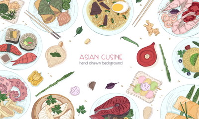 Elegant colored hand drawn background with traditional Asian food, detailed tasty meals and snacks of oriental cuisine - wok noodles, sashimi, gyoza, fish and seafood dishes. Vector illustration.