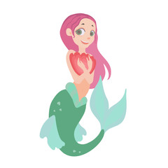 Cute mermaid with pink hair. Vector illustration, isolated on white background.