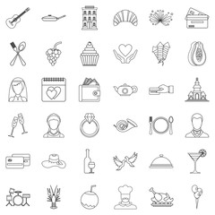 Wedding cafe icons set, outline style