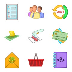 Market client support icon set, cartoon style