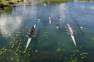 Young people training rowing on the lake Jarun in Zagreb