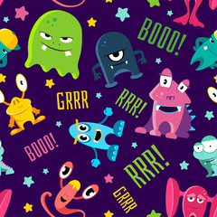 Seamless color children pattern with cute monsters