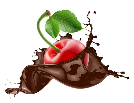 cherry in chocolate splash isolated on a white background