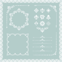 Vintage set of vector horizontal, square and round elements. Different elements for decoration design, frames, cards, menus, backgrounds and monograms. Classic patterns. Set of vintage patterns