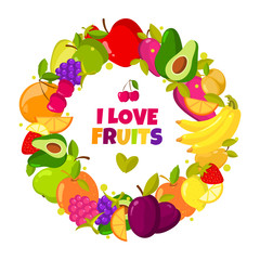 I love fruits. Vector organic fruits frame isolated. Banner with natural fresh food illustration