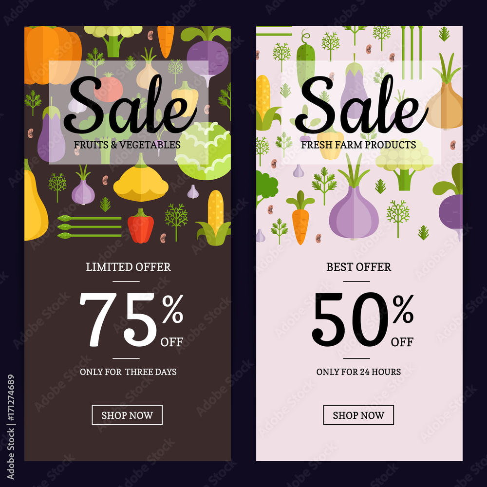 Sticker vector flat vegetables vegan shop sale flyer, banner templates