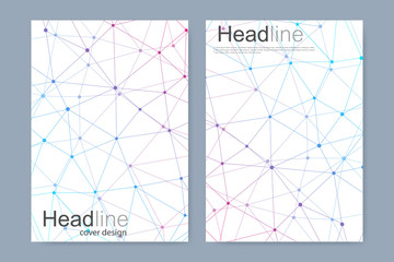 Scientific brochure design template. Vector flyer layout, Molecular structure with connected lines and dots. Scientific pattern atom DNA with elements for magazine, leaflet, cover, poster design.