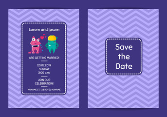 Vector wedding invitation template with cartoon monster couple on zigzag background