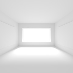 Futuristic Interior Design. White Empty Room with Window. Minimalistic Abstract Architecture Background