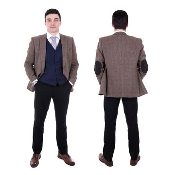 front and back view of young handsome business man isolated on white