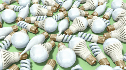 different Lighting Bulbs set 3d render on green background