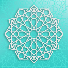 White Arabic ornament on a blue background. Symmetrical pattern. Eastern Islamic framework. Element for decorating mosques, ceramic tiles, invitations, brochures, banners. Vector illustration.