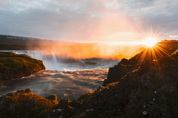 Picturesque sundown on Godafoss waterfall