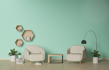 the armchair fabric,pillows and book,on  green wall background,3D rendering