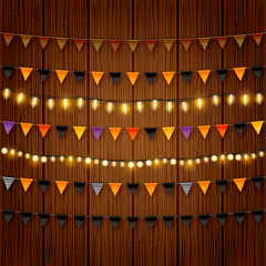 Halloween buntings and shiny lights vector set. Black and orange festive decorative halloween party flags and light chains.