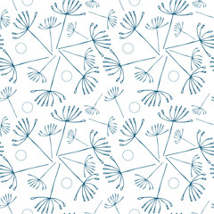 Fototapeta premium Mniszek lekarski lub allium lub koper włoski, jak kwiaty i wzór nasion. Wektor kwiatowy bezszwowe powtórzenie z prostych ręcznie rysowane stylizowane kwiaty.