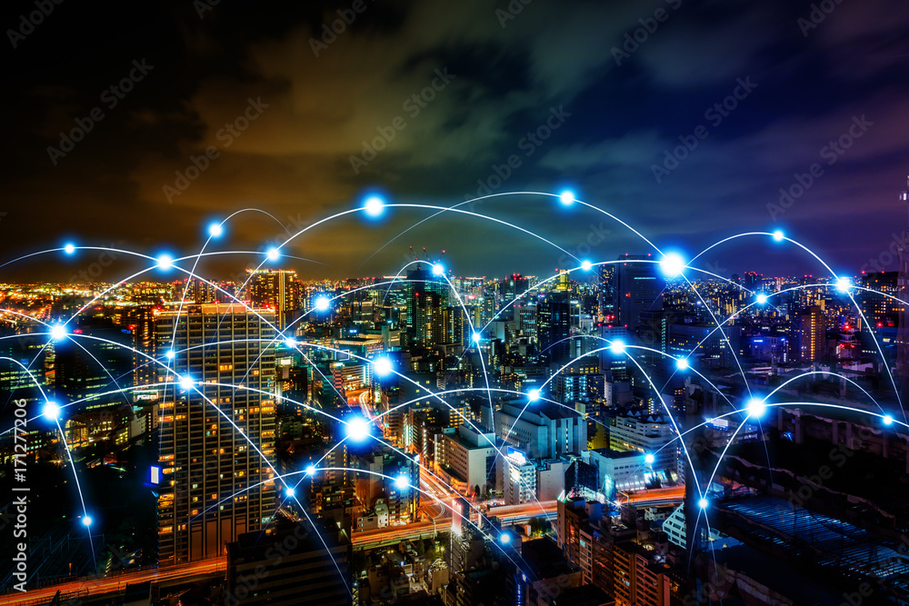 Poster smart city and communication network concept. Internet of Things. Information Communication Network. abstract mixed media.