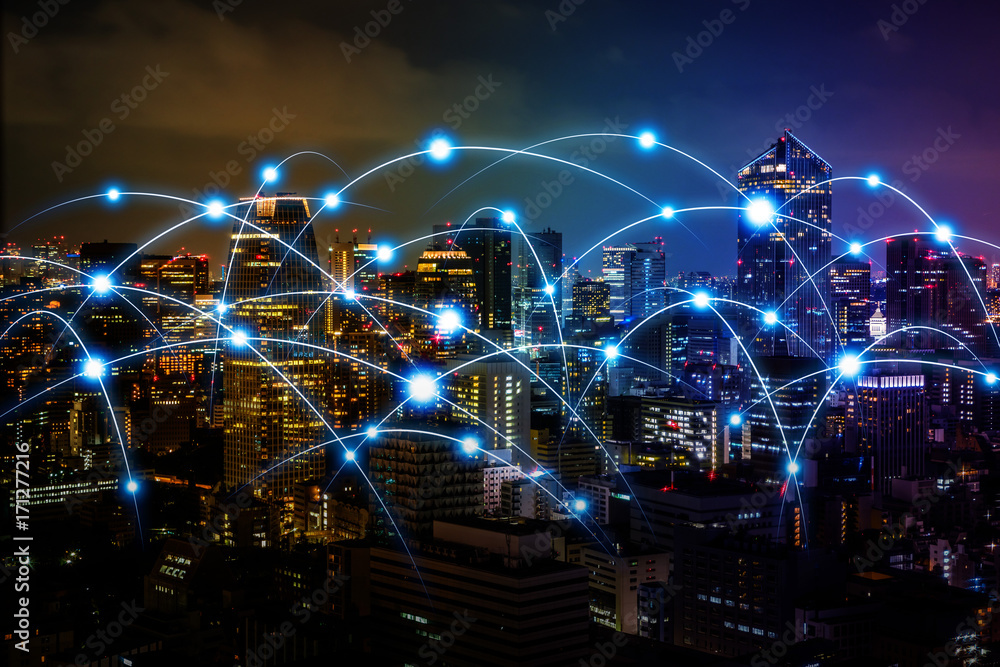 Poster smart city and communication network concept. internet of things. information communication network.