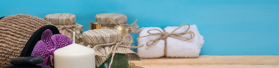 spa set for relaxing on the table and background for the inscription