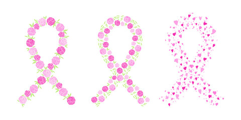 Breast Cancer Awareness Month flower ribbon elements set. Vector pink gradient shape on white background.