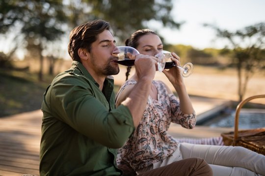Fototapeta Couple drinking red wine during safari vacation