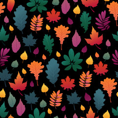 Obraz premium Seamless background with autumn leaf pattern. Fall herb, twig on black background. Oak and maple leaf graient color. Vector