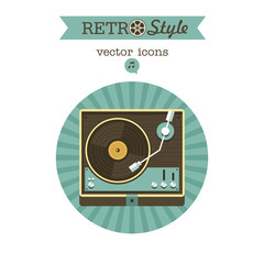 Player for vinyl records. Vector emblem. Logo in retro style.