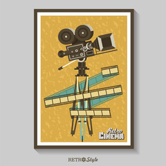 Vintage film camera. Vector poster retro movie theater with place for text. Vintage film reel.