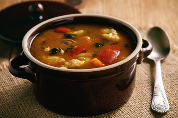 Hungarian soup goulash (bograch) with dumplings.