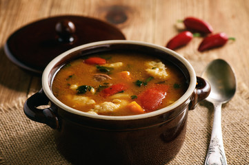 Hungarian soup goulash (bograch) with dumplings.